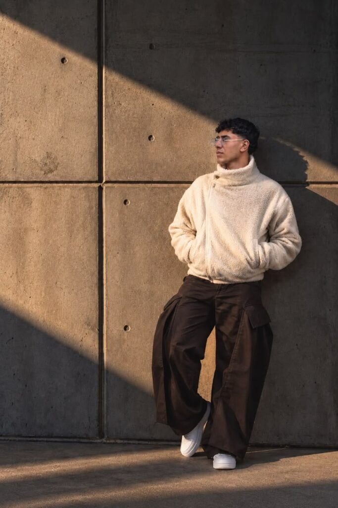 Modelo con chaqueta sherpa de cuello chimenea y pantalón balón café frente a muro de concreto
