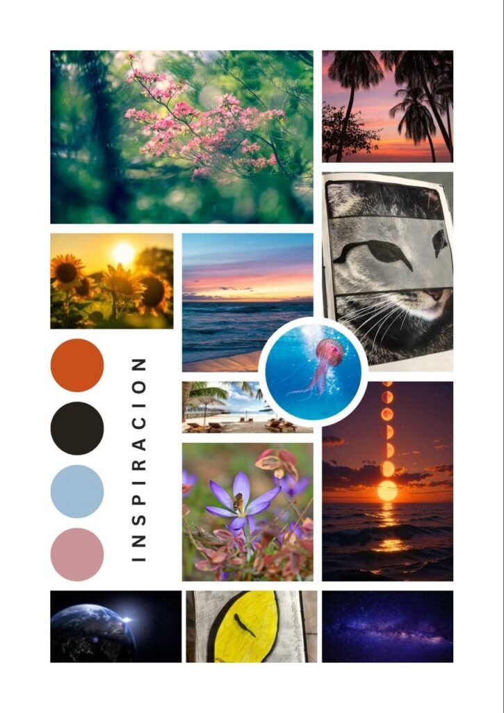 Moodboard Inspiración: flores, atardeceres sobre el mar, una medusa, la luna y el cosmos, con paleta cobre, negro, azul niebla y rosa viejo