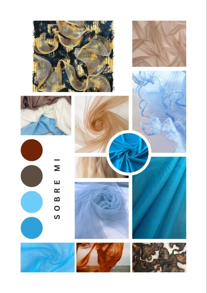 Moodboard Sobre mí: tules, organzas y mallas en azules, arena y cobre, con paleta de terra, taupe, cielo y océano