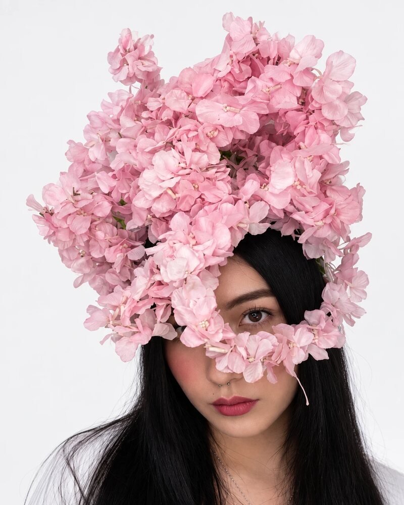 Retrato con un tocado de flores rosadas que cubre parte del rostro
