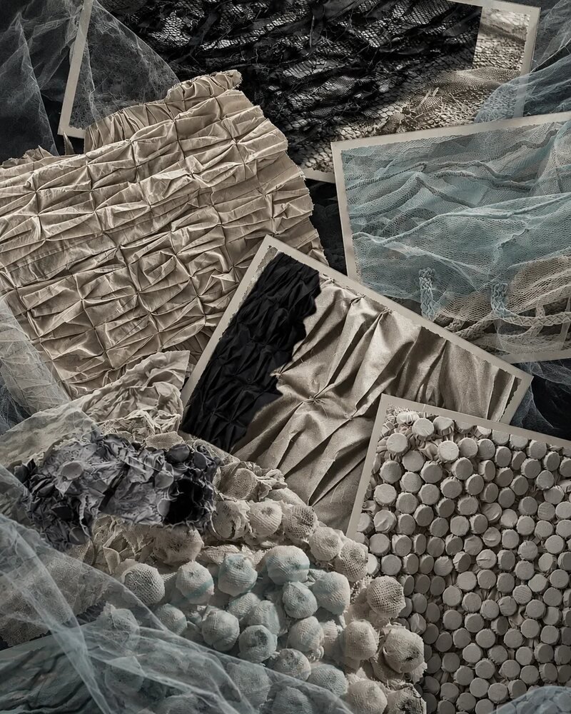 Collage de muestras textiles: plisados, smocking, mallas, tul y cápsulas